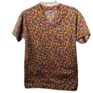Rainbow‎ Checkerboard Scrub Top Short Sleeve Pockets Uniform Colorful